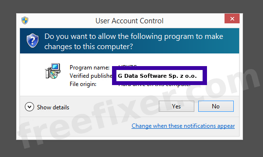 Screenshot where G Data Software Sp. z o.o. appears as the verified publisher in the UAC dialog